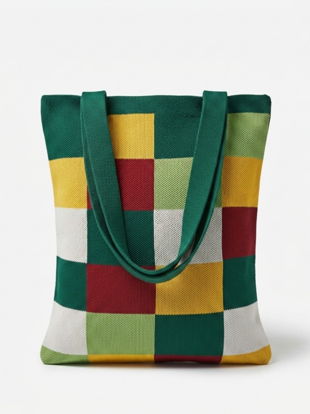 Knit Patchwork Tote Bag in Green, Red & Yellow